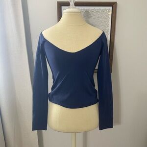 Edikted Navy Blue Nattie Off Shoulder V-neck Long Sleeve Top